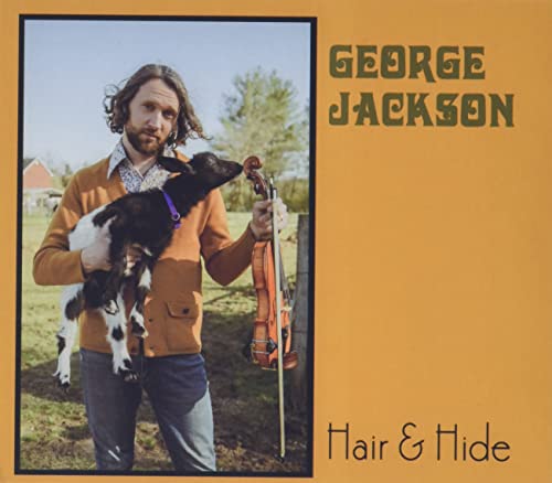 Man with beard holding a goat and violin, album cover.