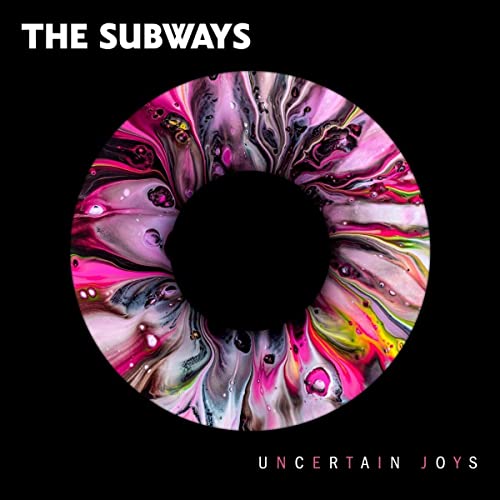 Album cover for The Subways’ “Uncertain Joys” featuring swirling pink and yellow paint.