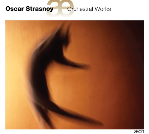 CD cover with abstract black design on orange background, titled "Oscar Strasnoy Orchestral Works".