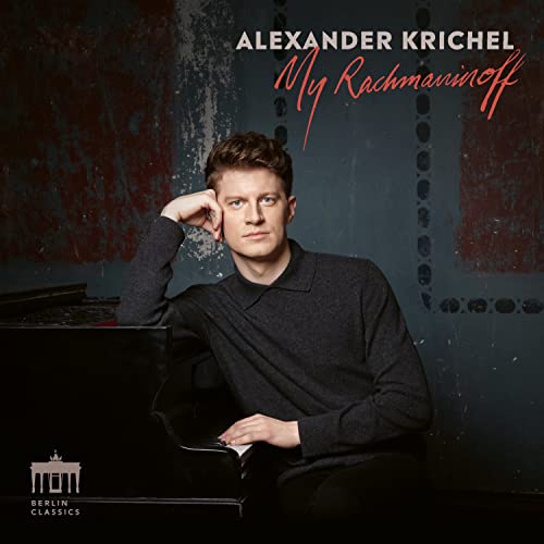 Pianist Alexander Krichel portrait with a piano, album cover for “My Rachmaninoff.”