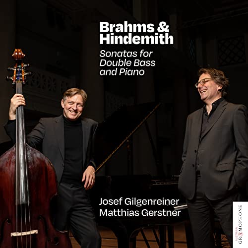 Two musicians with double bass and piano, album cover for Brahms & Hindemith.