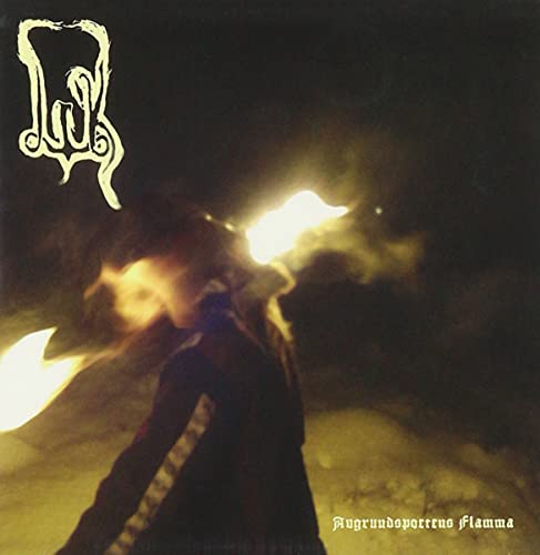 CD cover with abstract white logo and blurred figure with flames.