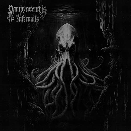 Dark, detailed illustration of a vampyroteuthis with tentacles and glowing eyes.