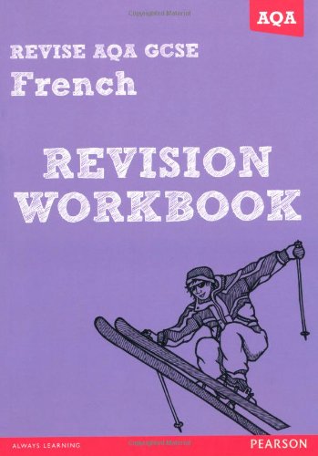"Purple workbook cover with skier illustration, titled 'REVISE AQA GCSE French REVISION WORKBOOK'."