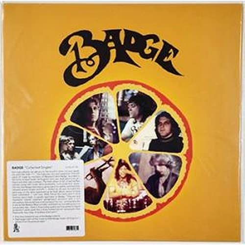 Vinyl record cover with orange background, Badge logo, and band photos in orange slices.