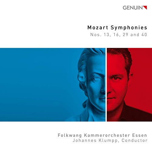 Mozart CD cover featuring blue and red portraits of Mozart and the conductor.