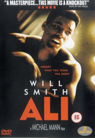 "DVD cover featuring Will Smith as Muhammad Ali, with title 'Ali' in orange."