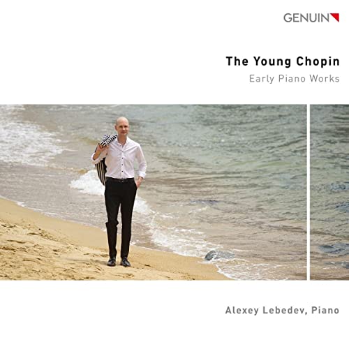 CD cover featuring pianist Alexey Lebedev standing on a beach.