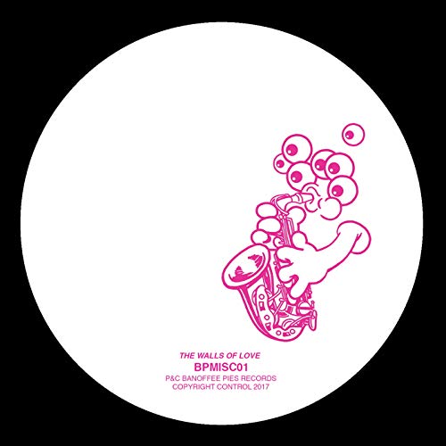 Pink illustration of a saxophone-playing creature on a white vinyl record.