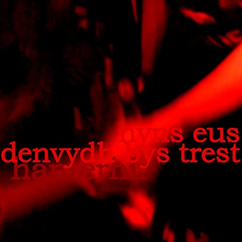 Red and black abstract album cover with Cornish text overlay.