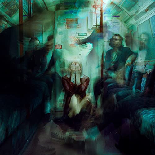 Blurred figures on a subway train, a woman covering her face.
