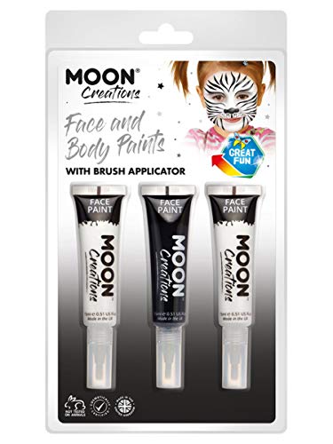 "Face paint kit packaging with three tubes and a girl with zebra face paint."