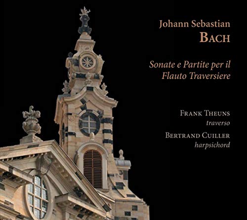 CD cover featuring a baroque tower and text for Bach’s flute sonatas.