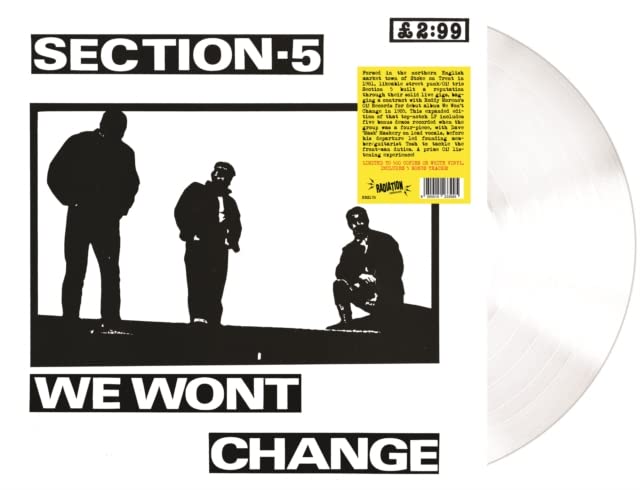White vinyl record for Section 5’s “We Won’t Change,” with black and white cover art.