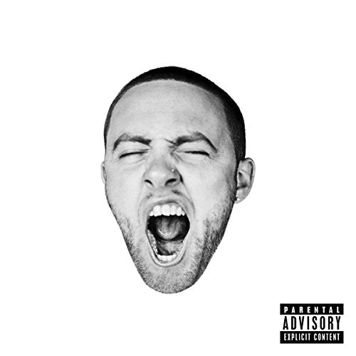 Black and white portrait of Mac Miller with an open mouth, parental advisory label.