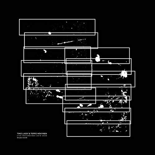 Black album cover with overlapping white rectangles and abstract white splatters.