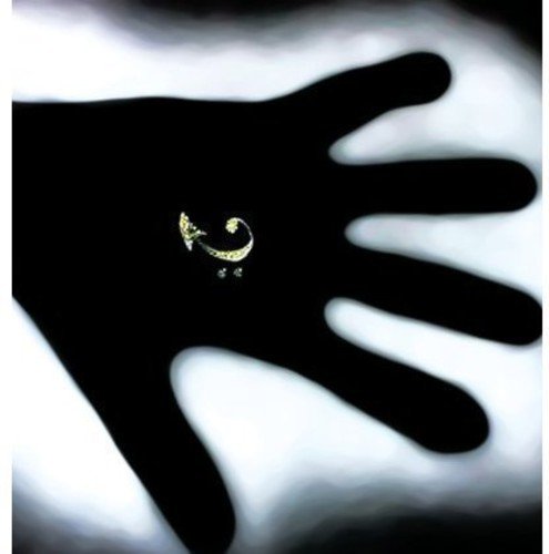 A black hand silhouette with a gold earring on a white background.