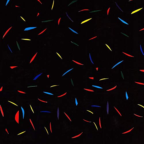 Black background with scattered, colorful, abstract shapes resembling confetti.