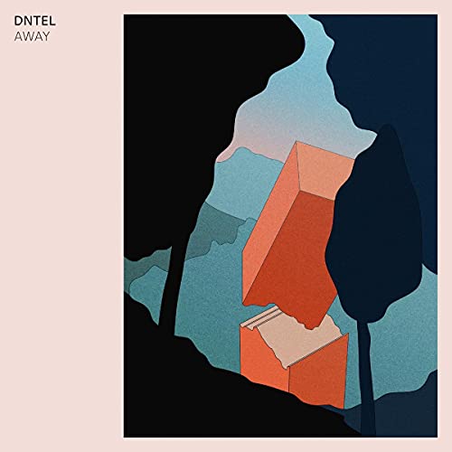 Album cover for Dntel’s “Away” featuring abstract shapes in blue, black, and orange.