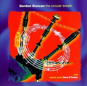 "Album cover featuring bagpipes on orange background with blue border and white musical notes."