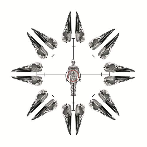 Human figure surrounded by bird skulls in a symmetrical, circular design.
