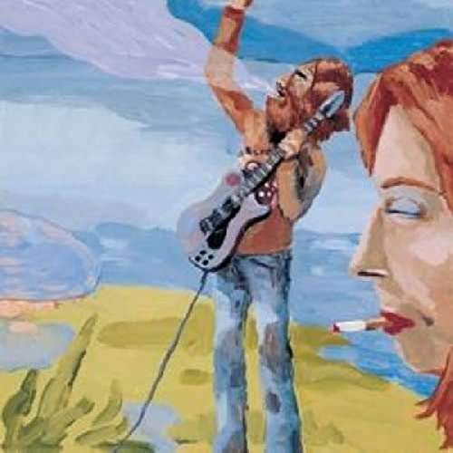 Painting of a man playing guitar next to a large close-up of a face.