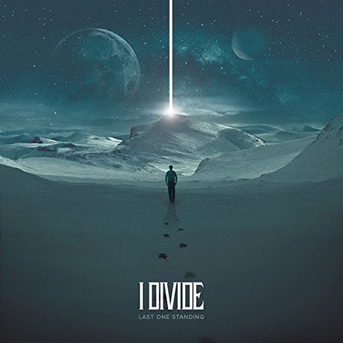 "Album cover art: person standing on a snowy planet with a beam of light."