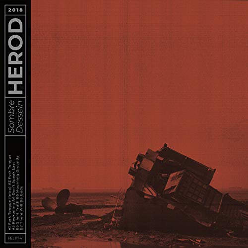 Red vinyl record cover with text "Herod - Sombre Dessein" and ruined buildings.