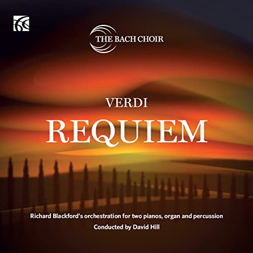 CD cover for Verdi Requiem by The Bach Choir, with fiery sunset background.