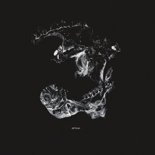 A black vinyl record cover with a white, abstract, skull-like design on a black background.
