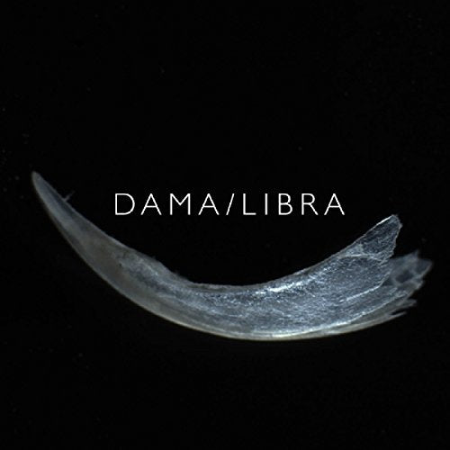 A curved, translucent, claw-like object on a black background with the text "DAMA/LIBRA".
