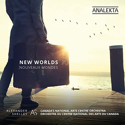 CD cover: person with suitcase on a dock, golden sunset background.