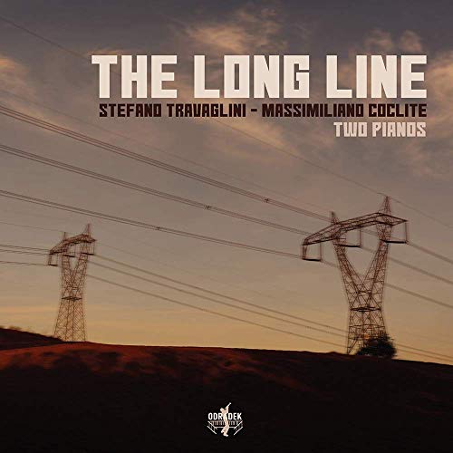 "Album cover with power lines and towers against a cloudy sky, titled 'The Long Line'."