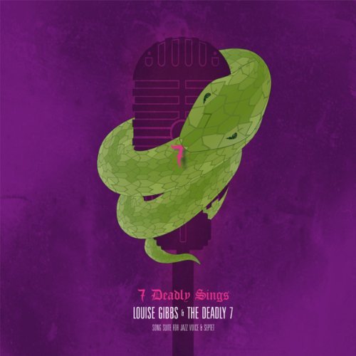 "Album cover with a green snake wrapped around a microphone on a purple background."
