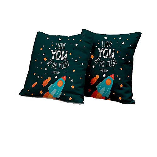 Two dark green pillows with rocket and "I Love You" designs.