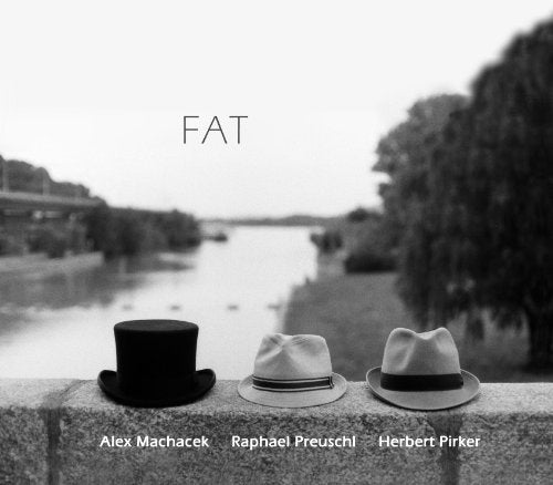 Black and white CD cover with three hats and a river background.