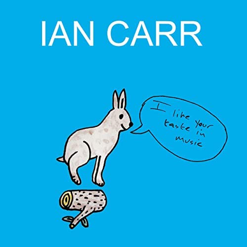 "Album cover featuring a cartoon rabbit and speech bubble on a blue background."