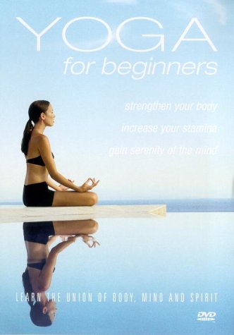 DVD cover: woman meditating by a pool, text reads "Yoga for beginners".