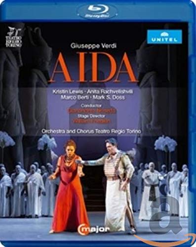 Blu-ray cover for Verdi’s opera Aida, featuring performers in costume.