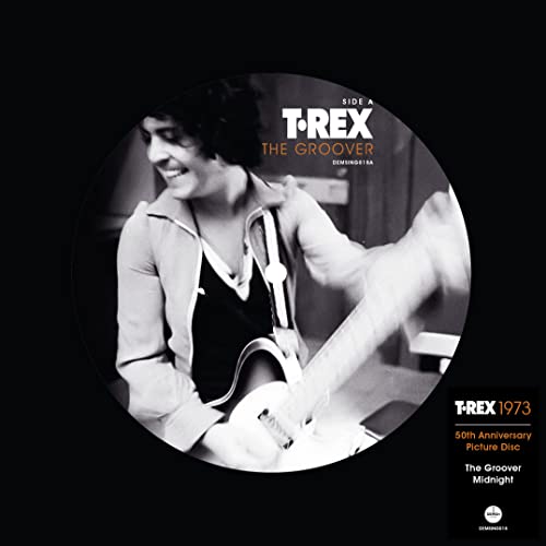 Circular picture disc featuring a black and white photo of Marc Bolan.