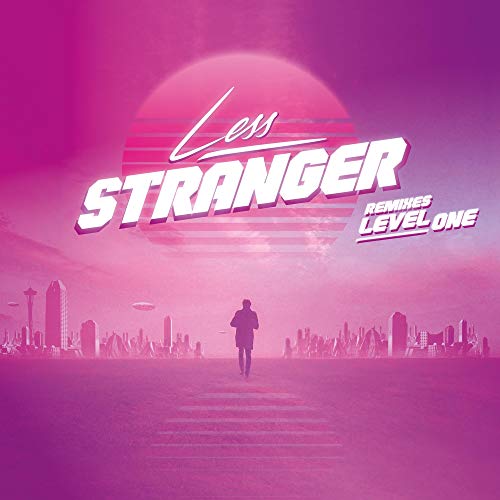 The image shows a vinyl record cover with a futuristic pink cityscape and a person walking.