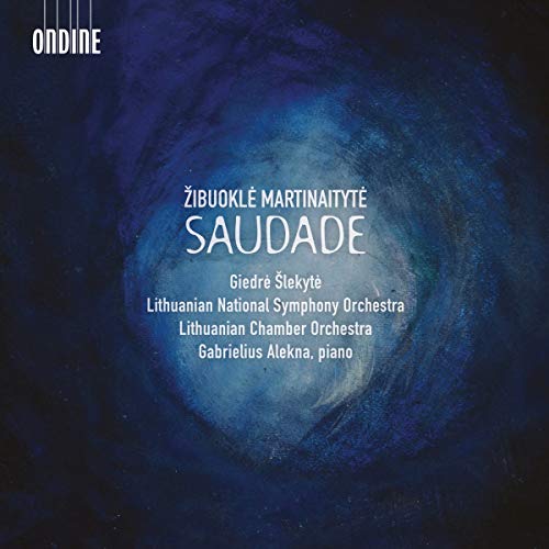 CD cover for Žibuoklė Martinaitytė’s “Saudade” with blue abstract art.