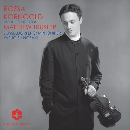 Black and white image of a man holding a violin, on a gray background.