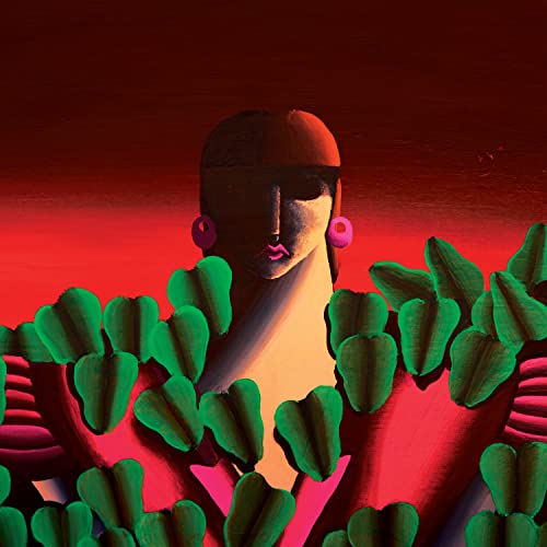 Red and green album cover featuring a stylized face with foliage.