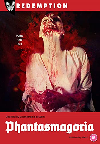 Horror movie poster: bloodied figure in white, red background, "Phantasmagoria" title.