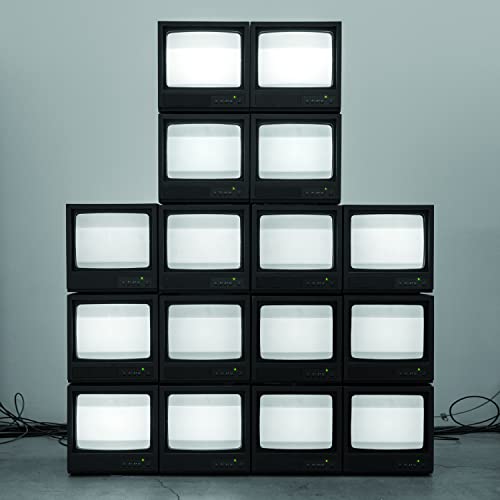 Pyramid of fifteen black vintage televisions with blank white screens.