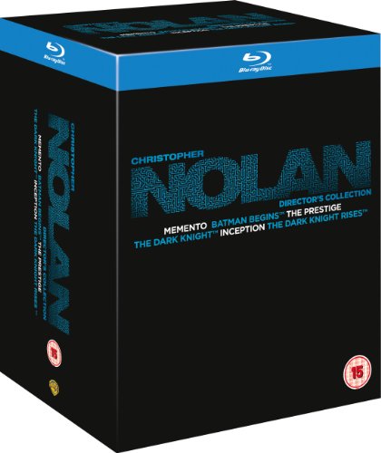 "Black Blu-ray box set with blue accents and 'Christopher Nolan' text, accompanied by a black booklet."