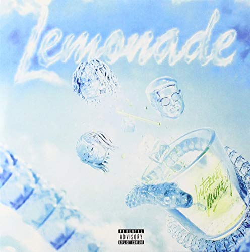 Album cover for "Lemonade" with floating heads and ice in blue tones.