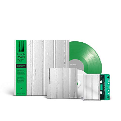 Beach Fossils album with green vinyl record, cassette, and white boxes.