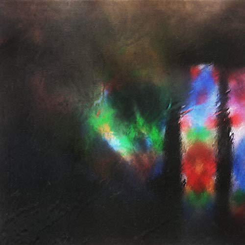 Dark, abstract painting with colorful, blurred shapes resembling trees.